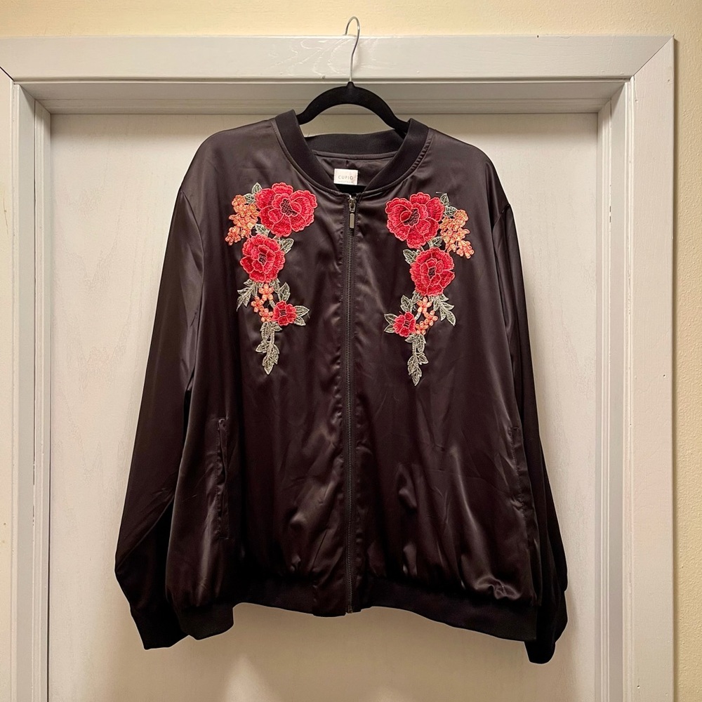Black Satin Bomber Jacket w/ Embroidered Flowers